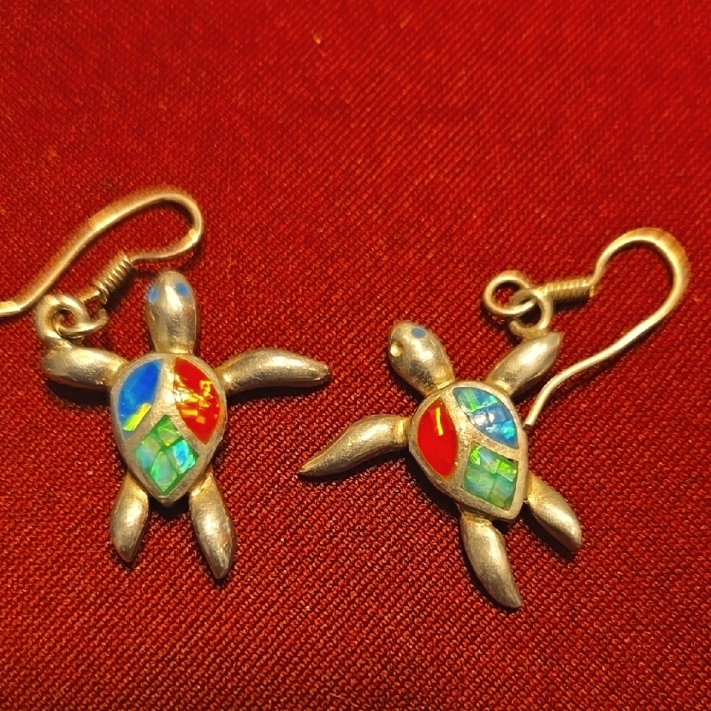 Sterling Silver Turtle Earrings with Opal Inlay